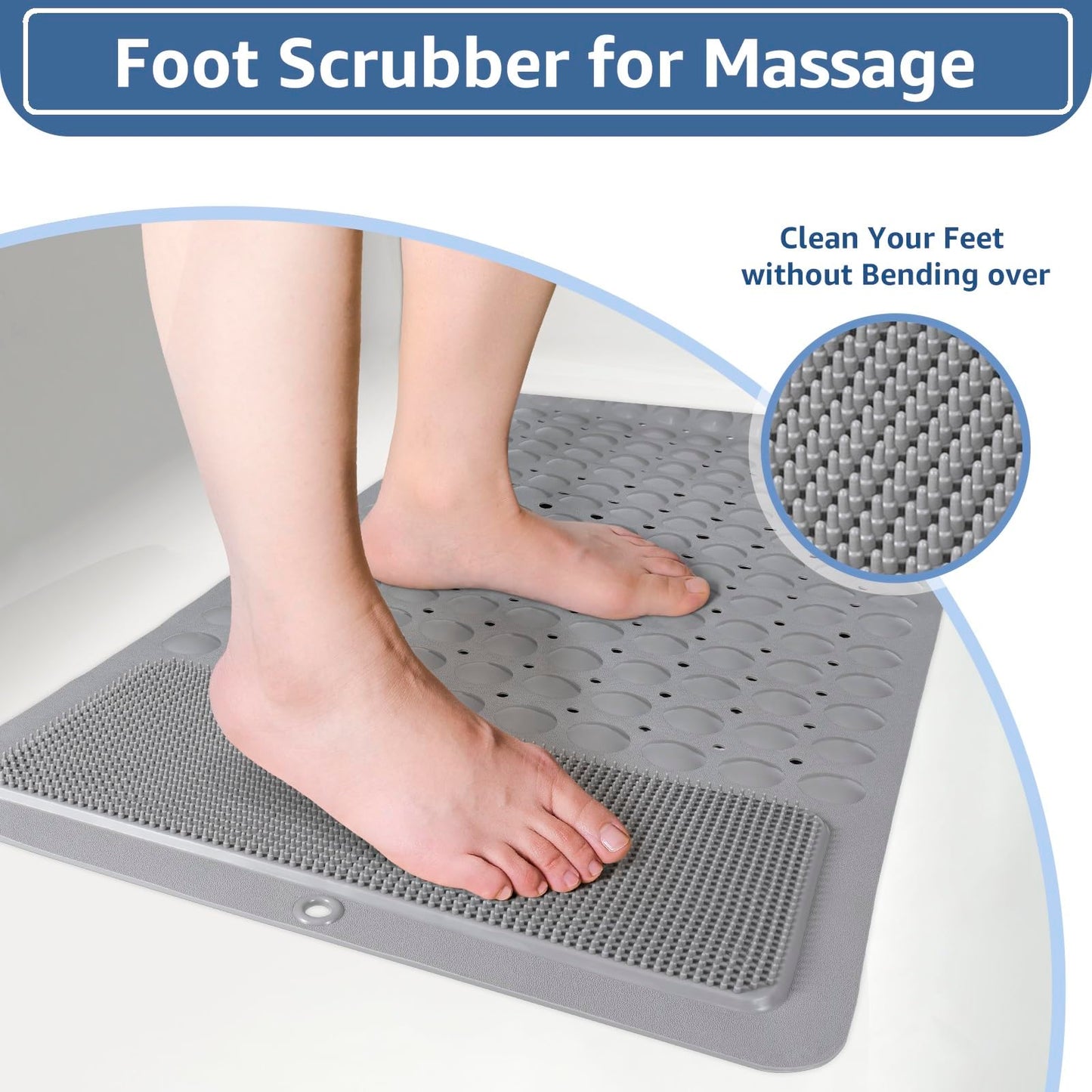Yolife Bathtub Mat Non Slip, Shower Foot Scrubber Mat, 39 x 16 inch Extra Long Bath Mat for Tub Non Slip with Suction Cups Drain Holes, Shower Mat with Foot Scrubber, Machine Washable(Light Grey)