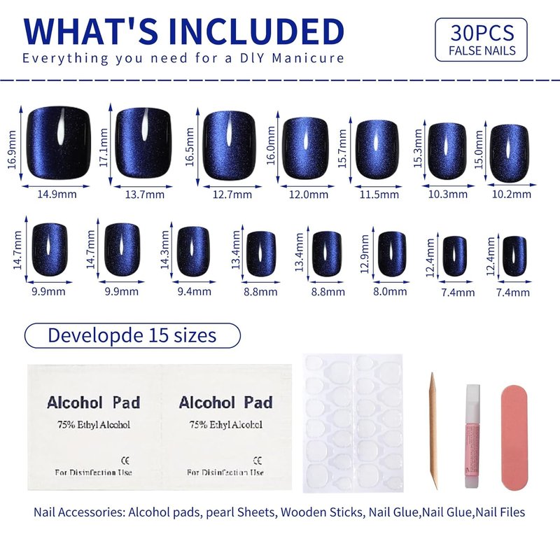 Dark Blue Press On Nails - Short Cat Eye Fake Nails with Color-Shifting Glow | 30 Nail Kit, Reusable, 15 Sizes, Thick Glue