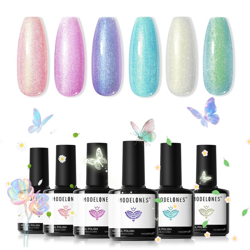 modelones Gel Nail Polish Set, 6 Colors 2026 Spring Summer Pastel Candy Mermaid White Pink Glitter Gel Polish Baby Blue Purple Galaxy Sparkle Shimmer Pearl Nail Polish Soak Off LED Nail Art DIY Gift