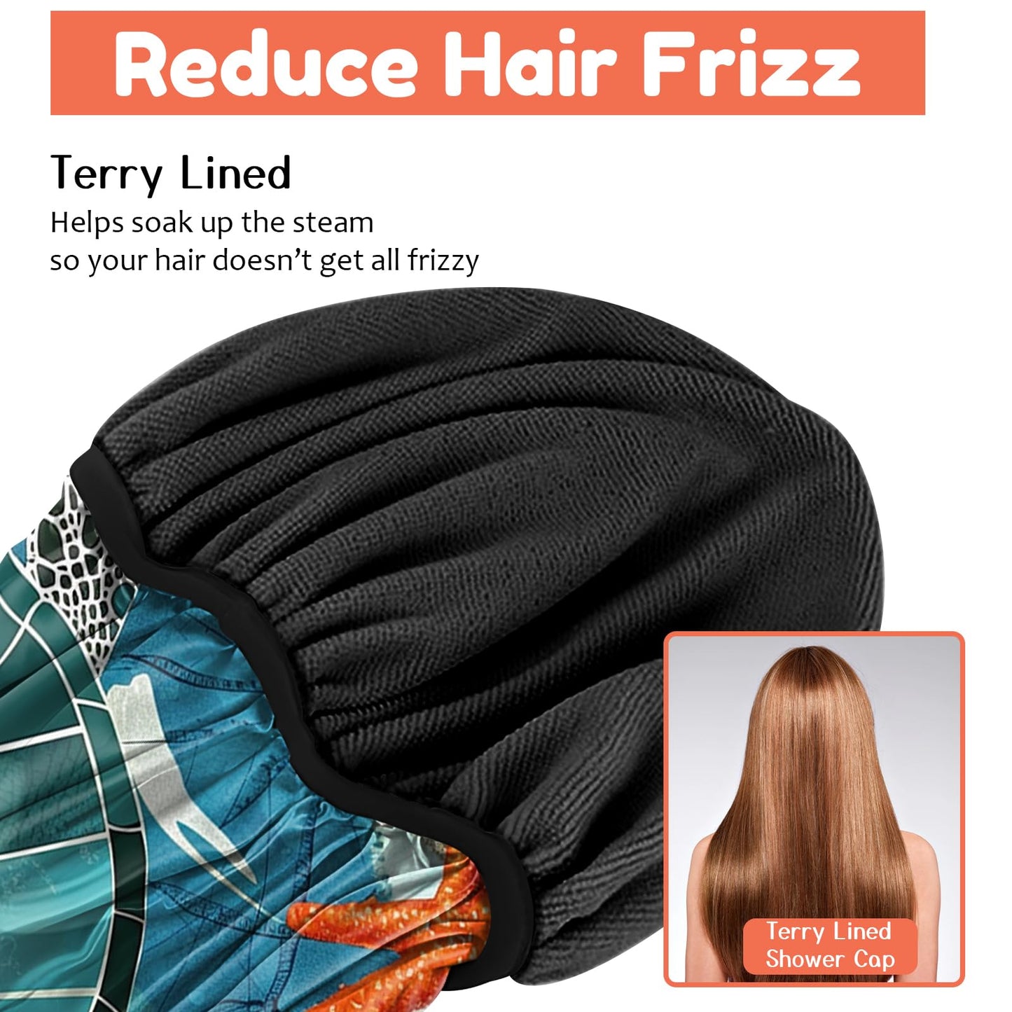 Cabreche Luxury Shower Cap Terry Lined Reusable Triple Layer Waterproof Hair Elastic Caps Shower Bath Hat for Women Girls Cute Aesthetic-Sea Turtle