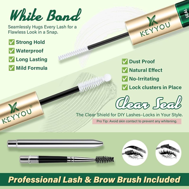 KEYYOU Lash Bond and Seal | Strong Waterproof Cluster Lash Glue - 5ml + 5ml Clear for Comfortable Wear