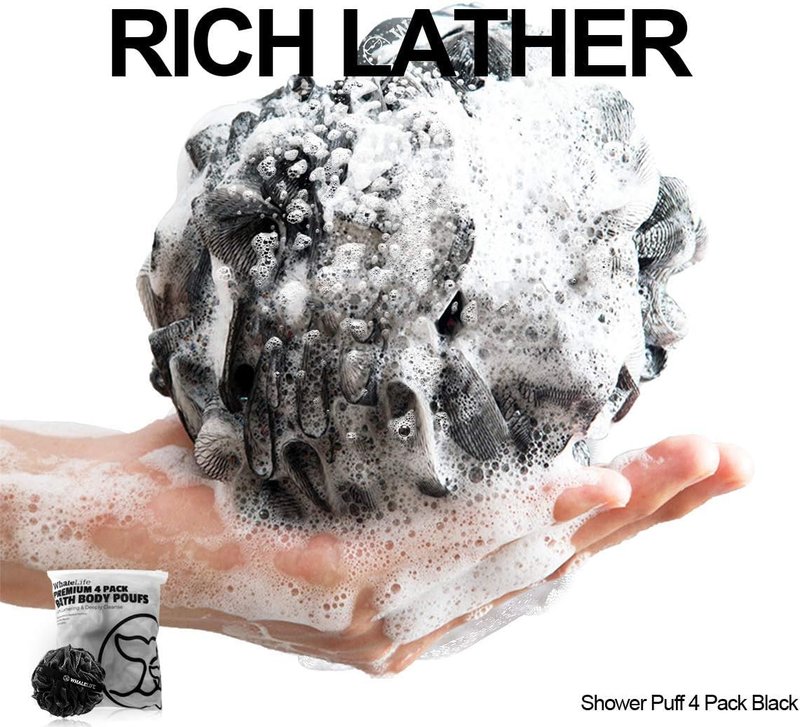 Loofah Bath Sponges - Gentle Exfoliating Shower Scrubber for Rich Lather | Durable Mesh Body Scrubber, 4 Pack - Black