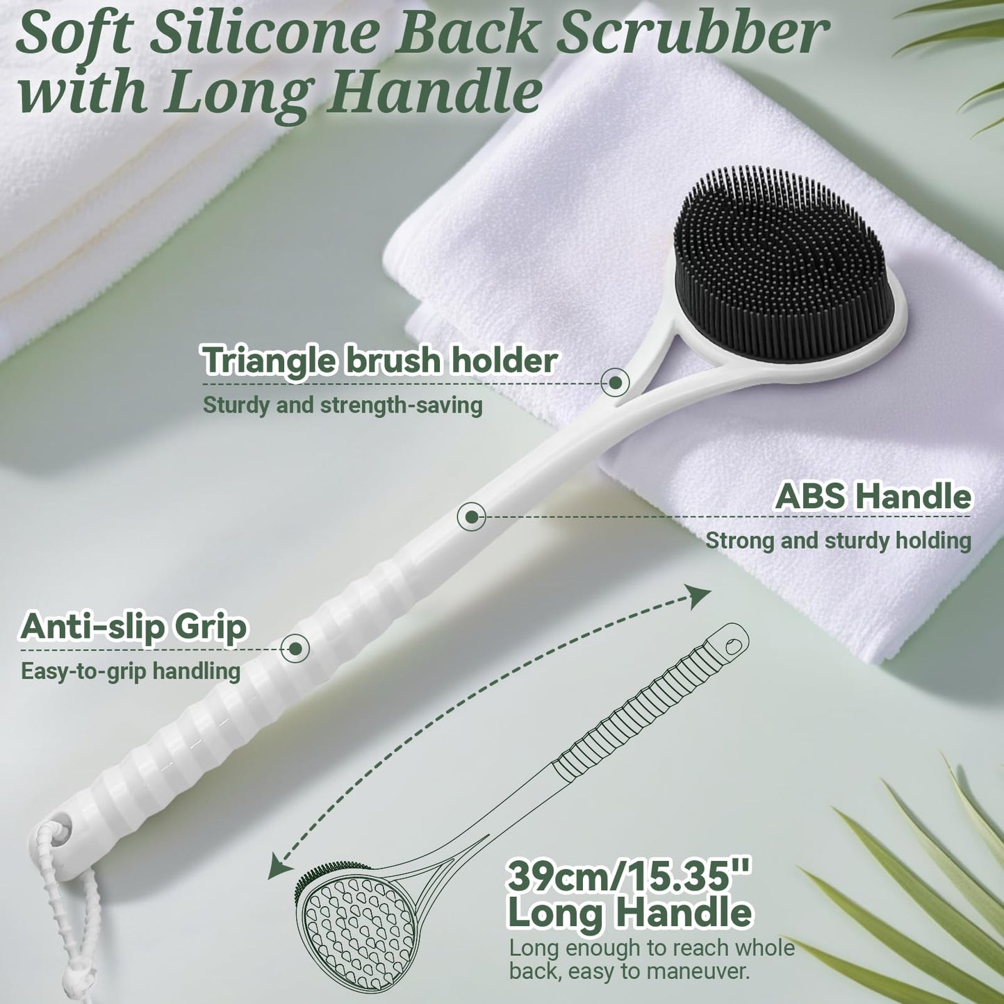 GEENOA Back Scrubber for Shower, 15.35’’ Soft Silicone Back Scrubber with Dual-Side Brush Head, Long Handle Back Brush Shower Brush with Lathering Soft Bristles and Scrubbing Thick Bristles(Black)