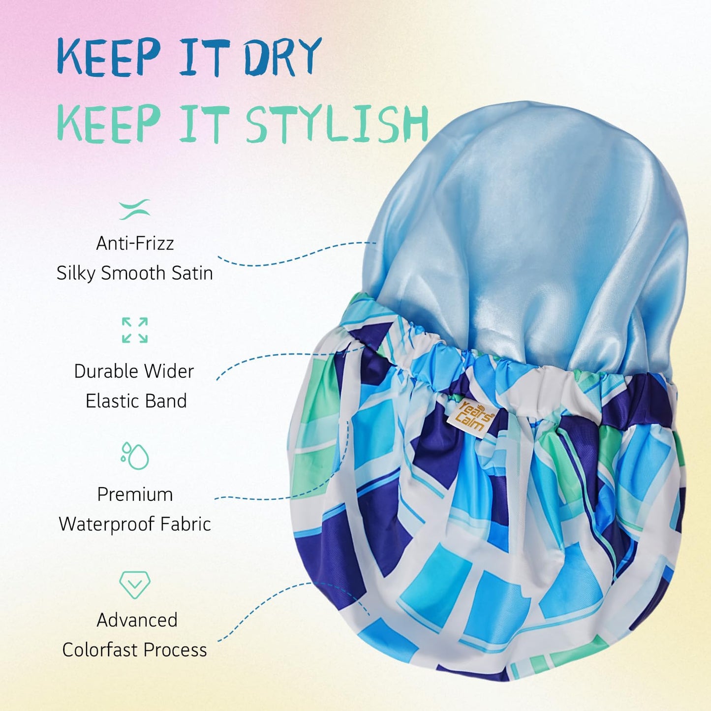 Years Calm Shower Caps for Women Reusable Waterproof, Double-Layer Extra Large Elastic Hair Cap for Shower for Long Hair & Braids, Travel & Home
