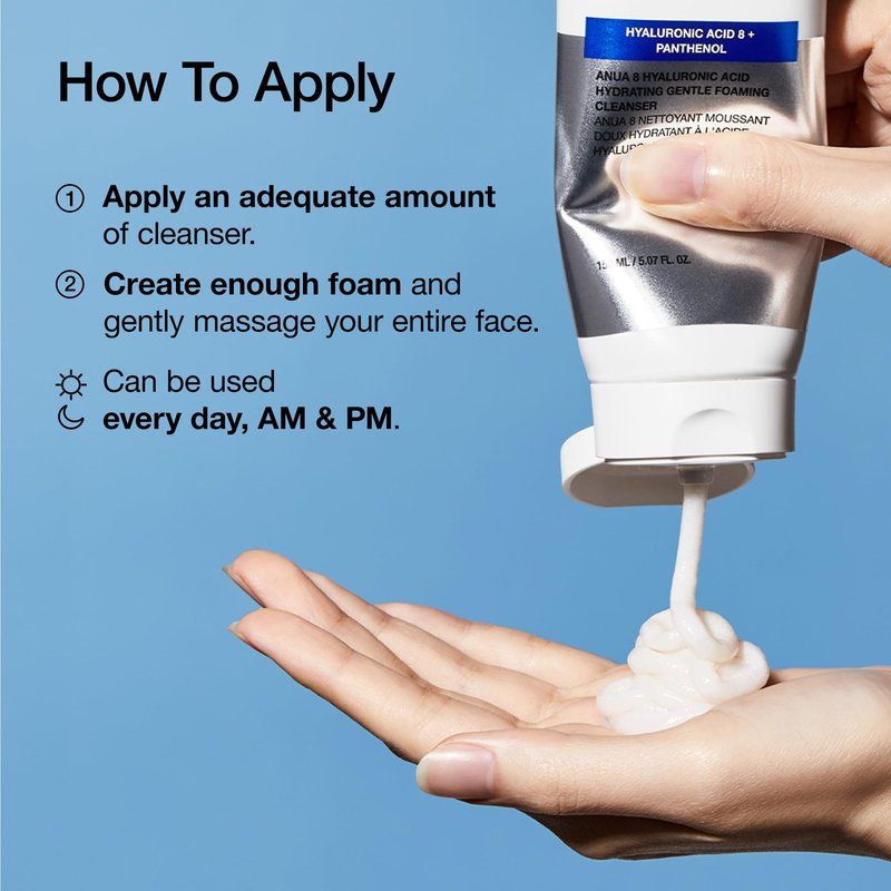 ANUA Hydrating Gentle Foaming Cleanser, Daily Face Wash for Double Cleansing, Hyaluronic Acid, Zinc, Panthenol, for Dry & Sensitive Skin, Sebum Balance Facial Cleanser, Korean Skincare, 5.07 fl. oz
