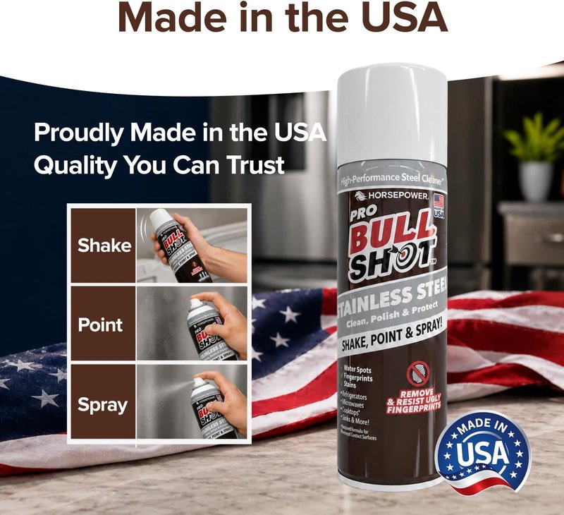 Bull Shot Stainless Steel Cleaner Spray - Cleans, Polishes & Protects | Removes Fingerprints & Streaks