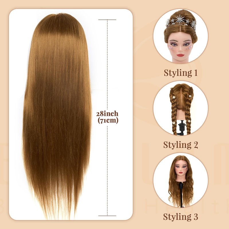 Mannequin Head with 80% Real Human hair- 28" Hair Mannequin Heads for Make up, Braiding Hairdressing Doll Head for Styling with Table Clamp + DIY Hair Styling Set