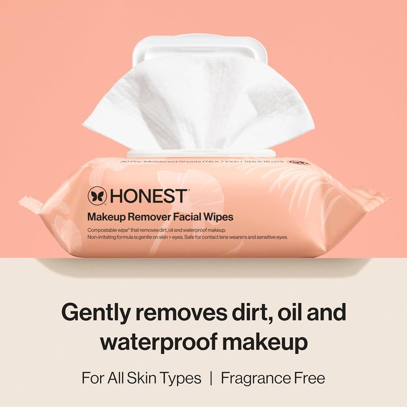 Honest Beauty Cleansing Makeup Remover Wipes - Fragrance-Free, Hypoallergenic, Gentle for Sensitive Skin | 30 Count