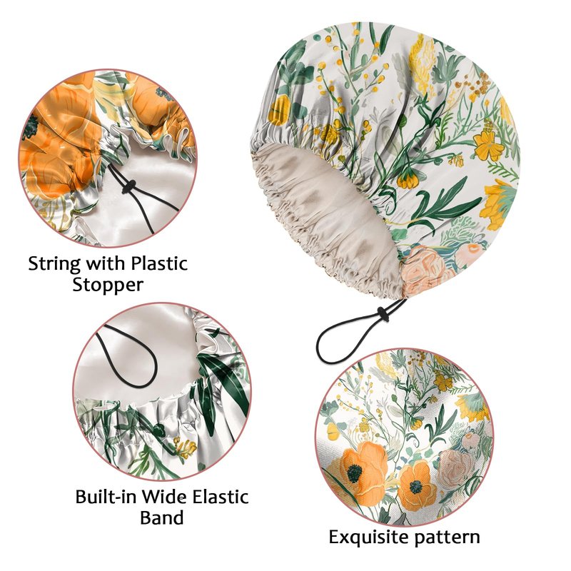 Cabreche Luxury Shower Cap Satin Silk Lined Adjustable Elastic Reusable Waterproof Shower Bath Cap Cute for Women Girls-Orange Flower