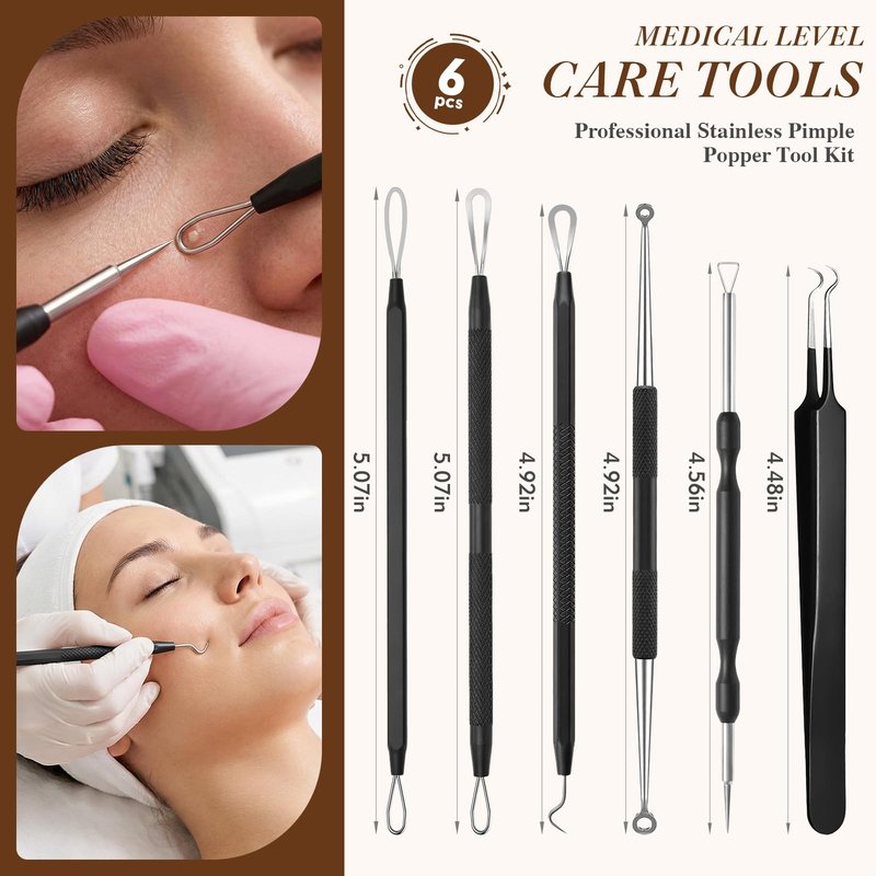 6 Pcs Pimple Extractor Tool Kit, Stainless Blackhead Remover Tools, Professional Comedone Pimple Popper Tools with Leather Bag