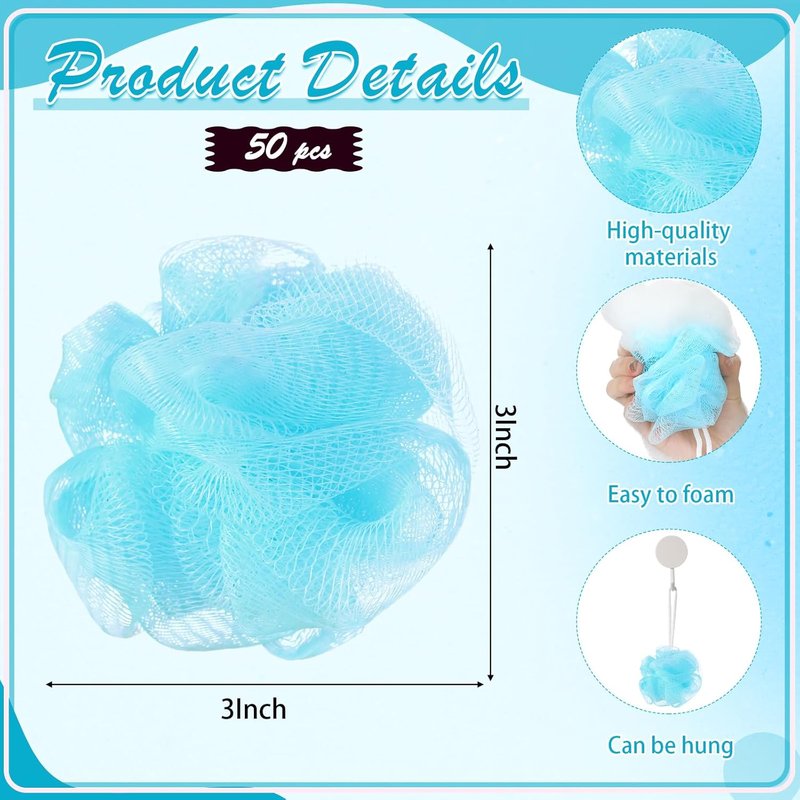 Skiennix 50 Pcs Mini Loofah Sponges - Exfoliating Shower Poufs for Women, Kids & Men | Travel Size, Blue