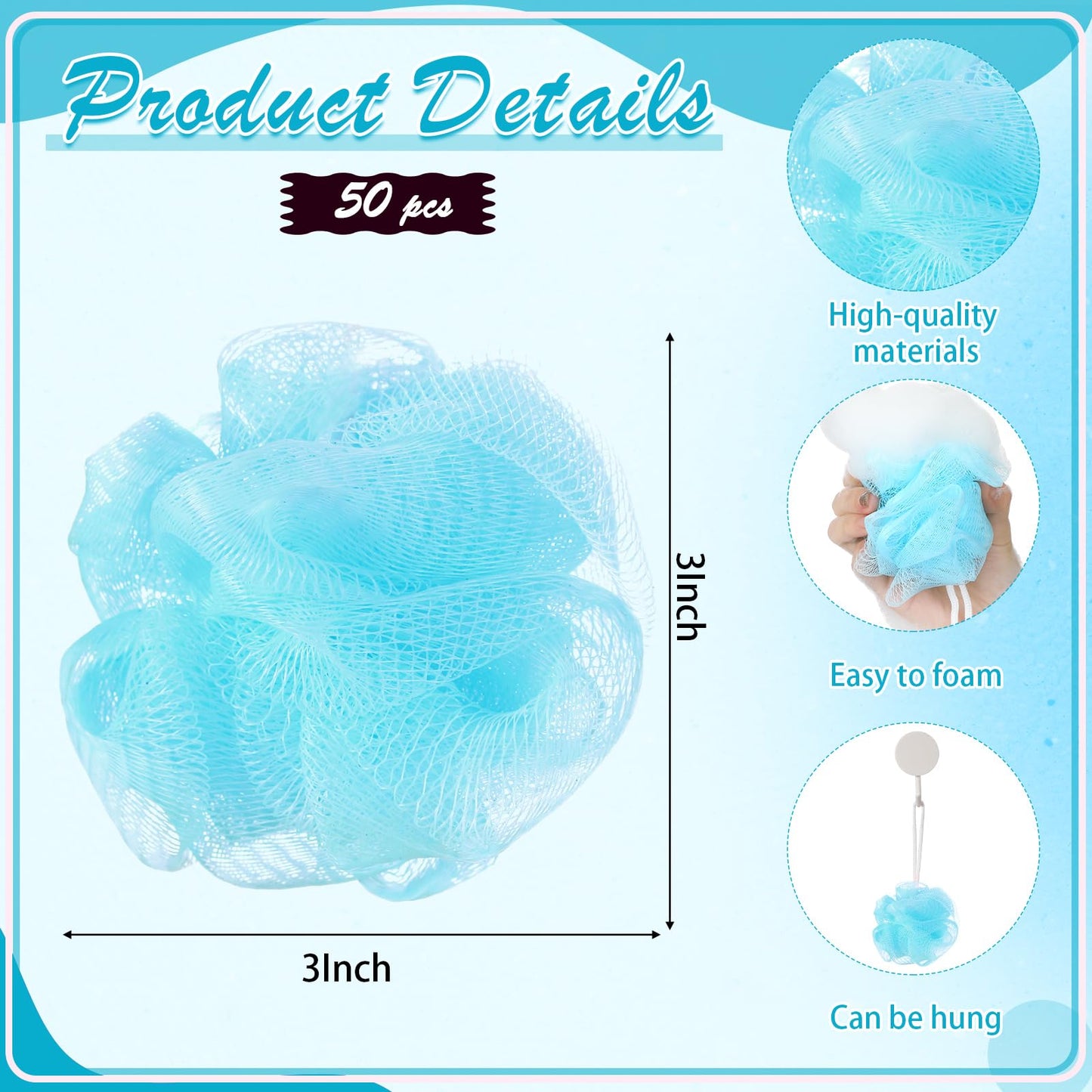 Suttmin 50 Pcs Loofah Sponge Bulk Mini Shower Sponge 3 Inch Loofahs Shower Pouf Mesh Showers Ball for Women Kids Men Exfoliating Bath Scrubber Travel Size Showers Gift(Blue)