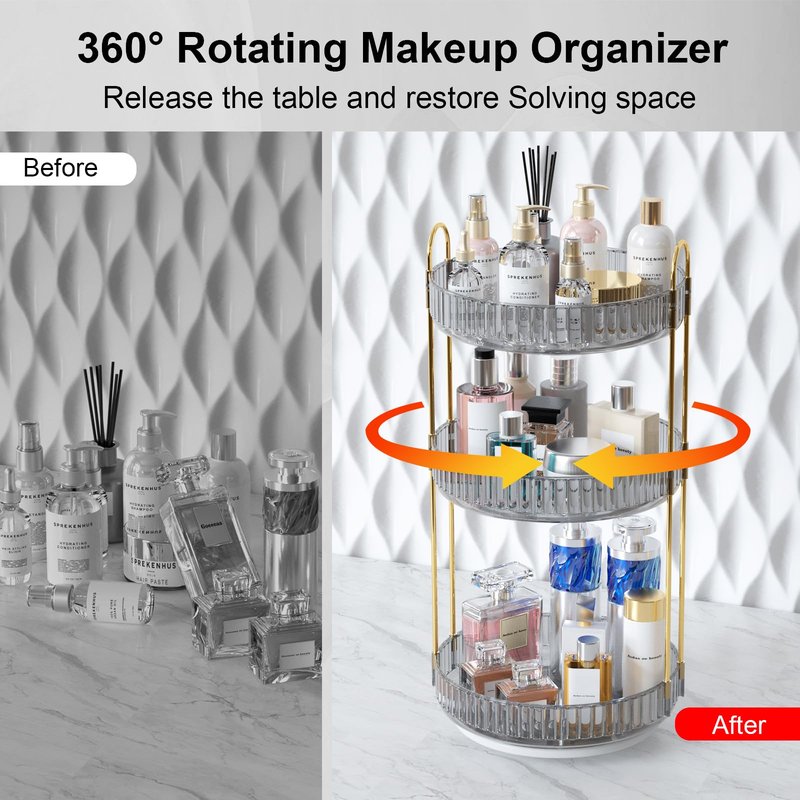 GTI 360°Rotating Makeup Organizer, 3 Tier Large Capacity Perfume Cosmetics Skincare Vanity Organizers,Bathroom Counter Organizer, Dresser Spinning Countertop Organizer and Storage for Women (Grey)