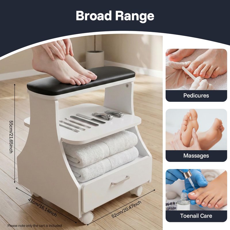 Ginelm Mobile Pedicure Foot Rest with Storage, 3-Tier Rolling Manicure Station Footrest Cart with Wheels & PVC Cushion, Portable Foot Nail Tech Table for Salon, Spa, Home Use, 110lbs Capacity