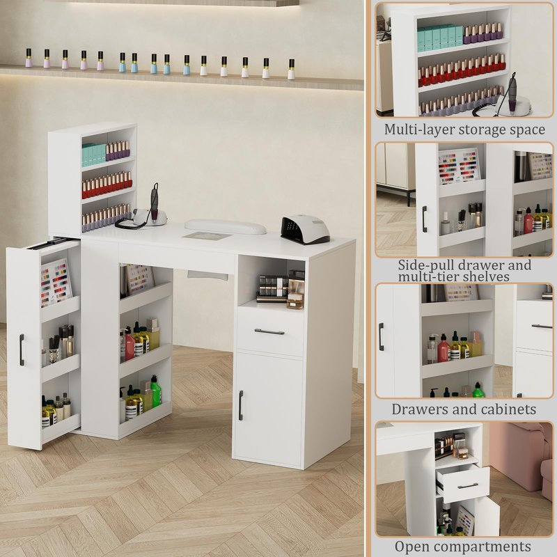 Annzoe Professional Nail Desk for Nail Tech with Storage Cabinet and Fan – Modern Nail Table for Salon, Nail Tech Table with Drawer, Armrest & Dust Collector,Manicure Table Nail Desk
