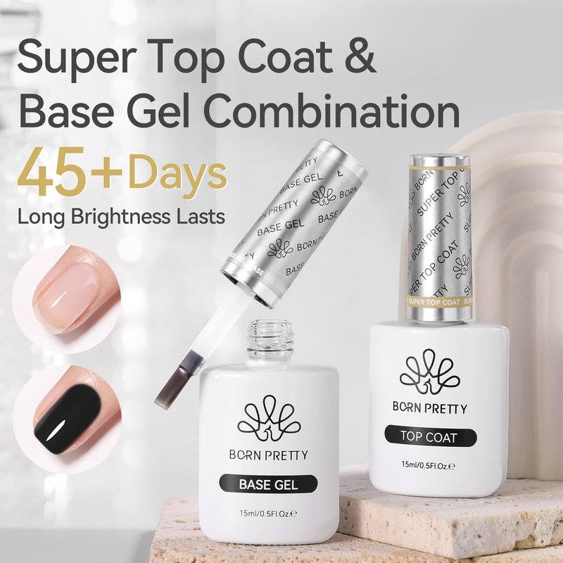 Born Pretty Gel Top Coat,15ml Gloss Base and Top Coat Set, No Wipe Super Top Gel Not Chip or Peel and Long Lasting Base Gel Top Gel for Nail Art