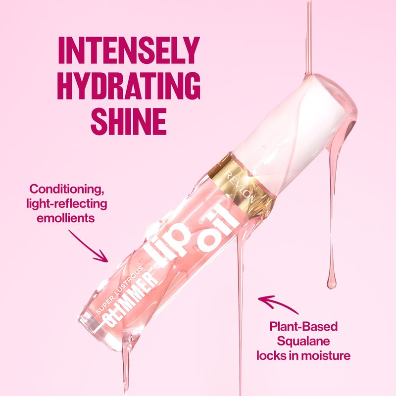 REVLON Super Lustrous Glimmer Lip Oil, Moisturizing & Tinted, Shiny Finish, Made with Plant-Based Squalane, 007 Posh Peach, 0.13 fl oz