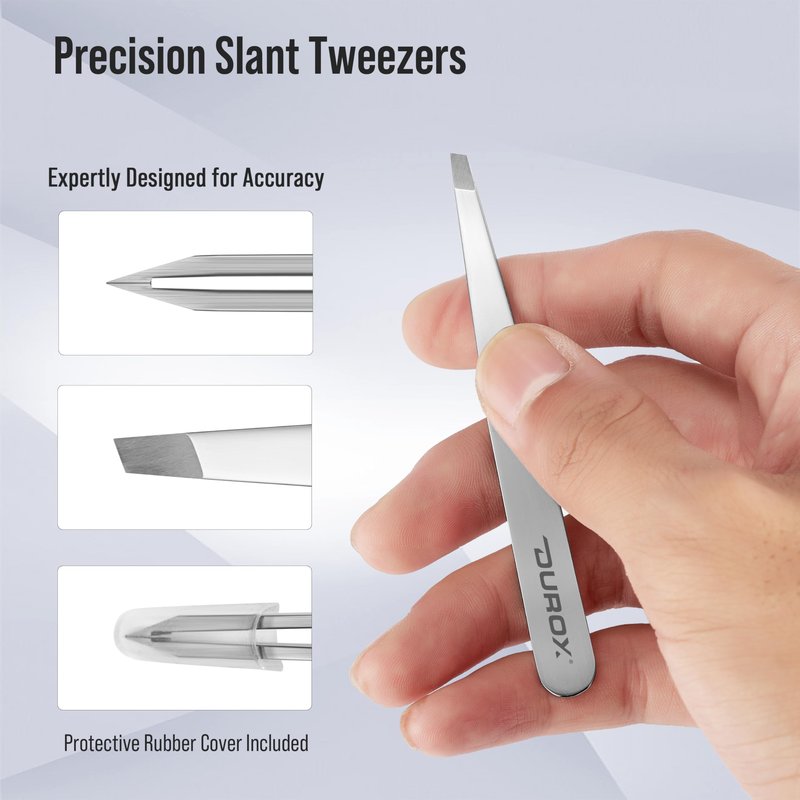 DUROX 4-Pc Precision Tweezer Set - 1. Round Tip Tweezers for Facial & Chin Hair 2. Pointed Tweezers for Ingrown Hair & Splinters 3. Professional Eyebrow Tweezers 4. Classic Slant. Stainless Steel.