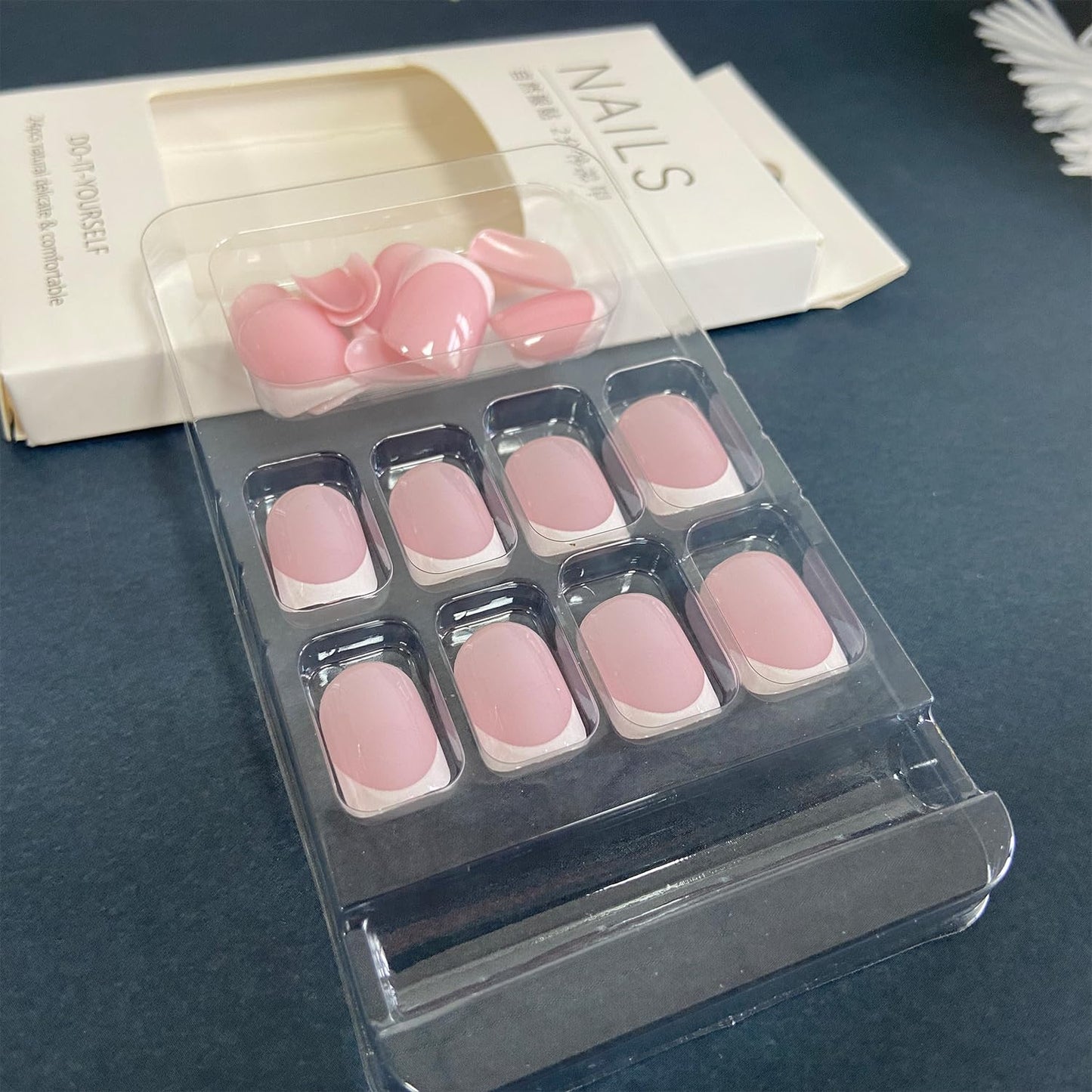 Skiennix White French Tip Press-On Nails - Glossy Pink Short Square Reusable Full Cover | DIY Nail Art