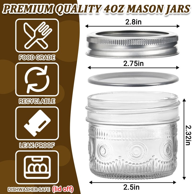Alotpower 4 oz Glass Mason Jars with Embossed Pattern 24 Pack, Small Canning Jars with Airtight Lids, Mini Glass jars for Jams, Jelly, Honey, Spices,Desserts,Wedding Favors and Gift Packaging
