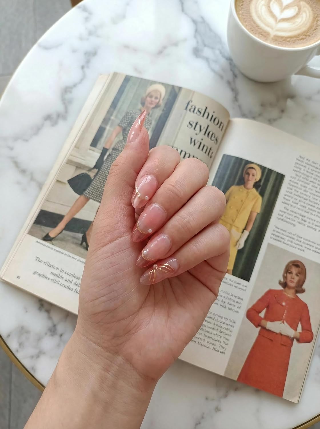 Thrivingbyday Nude Pink Press-On Nails - Gold Butterfly & Pearl Accents | Medium Almond Shape for Bridal & Everyday Wear