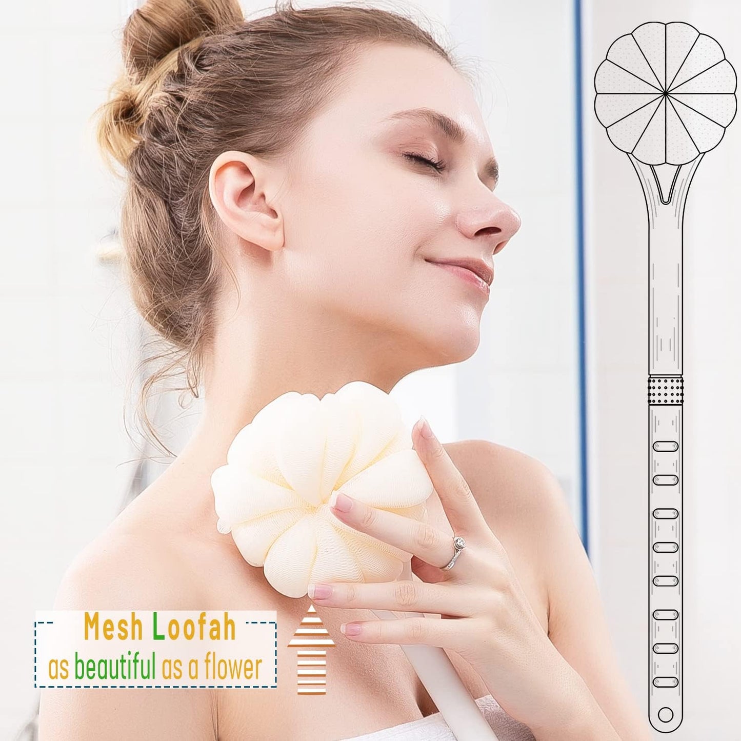 Skiennix Shower Body Brush - Soft Bristles & Pumpkin Loofah | 14” Long Handle Exfoliating Back Scrubber for Men & Women (Grey)
