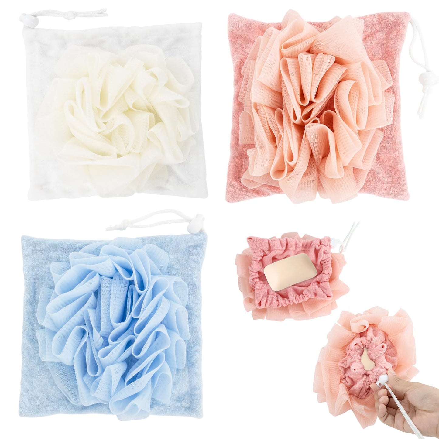 Soap Bar Loofah that Holds Bar Soap-Exfoliation Mesh Shower Ball,2 in 1 Bath Loofah Sponge with Drawstring (Pink,Blue,White)