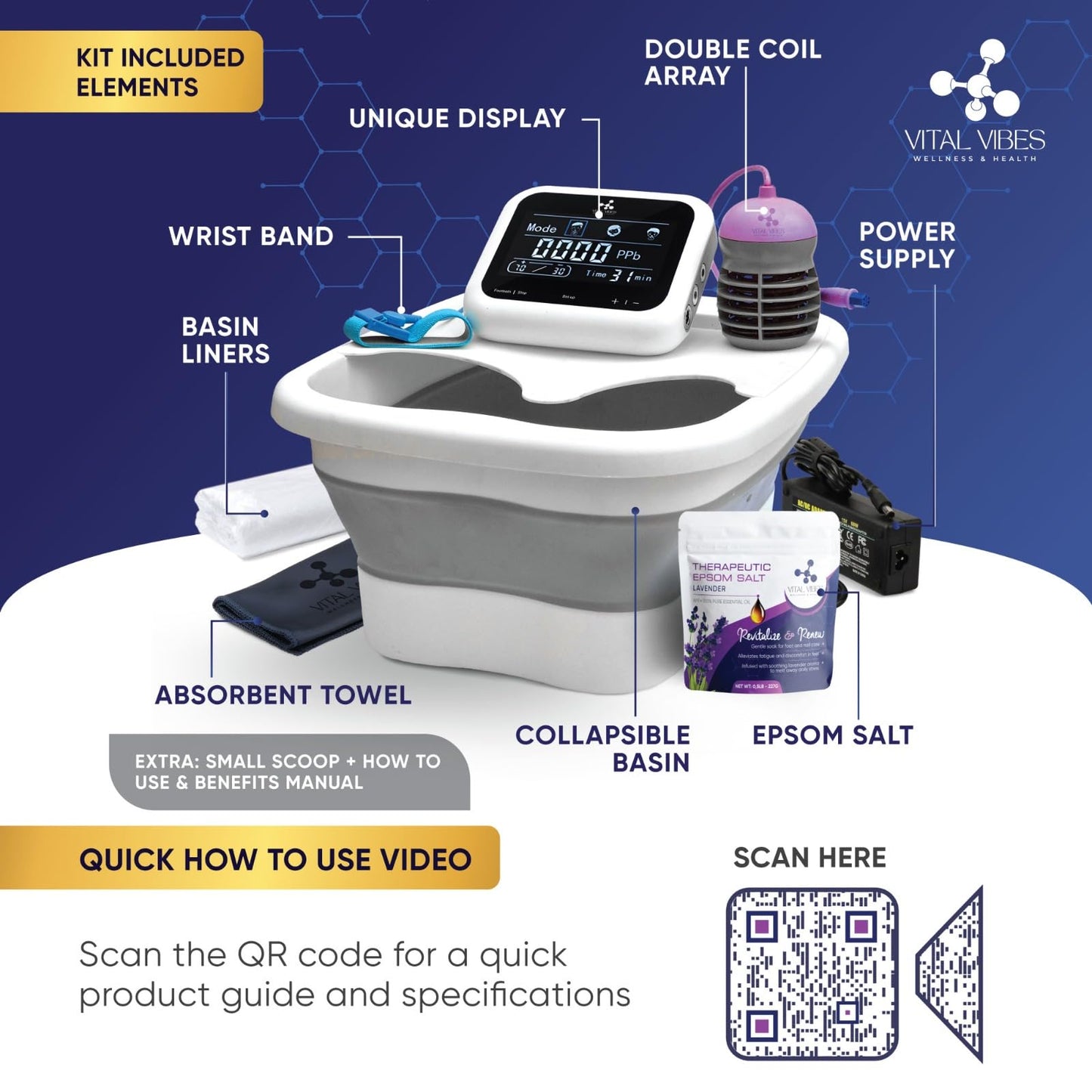 Vital Vibes Ultimate Ionic Foot Bath Detox Machine - Foot Detox Machine for Spa Bath with Touch Display - Epsom Salt & Towel - Collapsible Soaking tub -2 Powerful Array- Ion Wristband-Tub Liners