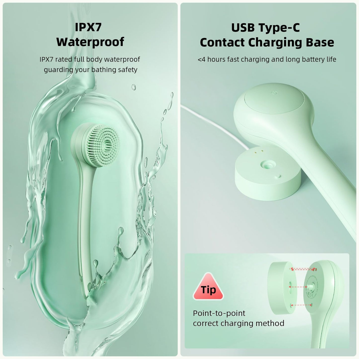 Oh,XIYU. Electric Body Brush Back Scrubber for Shower, Waterproof Long Dual Handle Body Scrubber with 3 Heads, Bath Brush & 2 Speeds, for Cleansing, Exfoliating and Massaging Skin, Pale Cypress Green