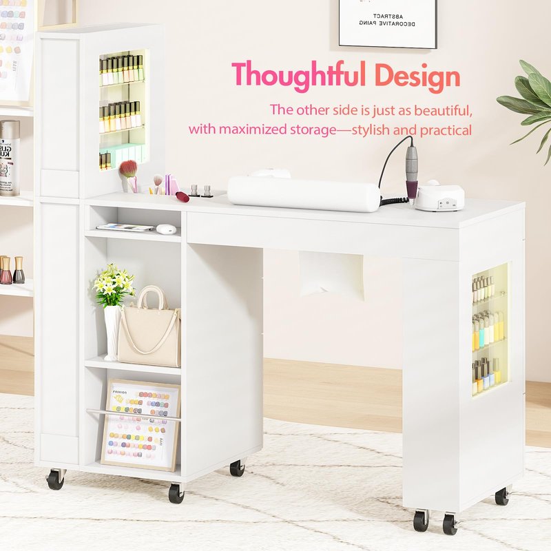 Manicure Table for Nail Tech w/ LED Light Display Cabinet, Nail Desk with Lockable Wheels, Dust Collector, Drawers, Wrist Rest, Acetone-Resistant, for Beauty Salon, Spa & Home Workstation (White)