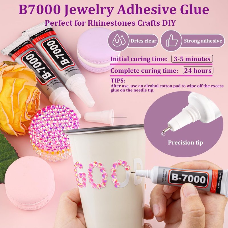 Resin Rhinestones for Crafting - 2 Boxes Pink AB Flatback Gems with 3Pcs 10ml B7000 Jewelry Glue | Ideal for DIY Nail Art & Bedazzling Projects