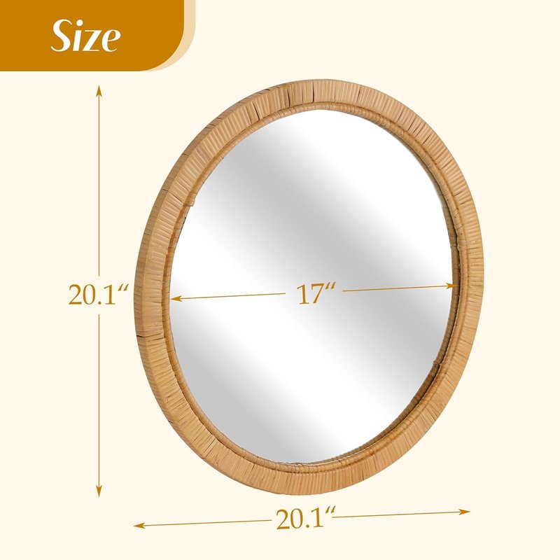 Rattan Wall Mirror - 20" Boho Round Decorative Mirror for Bathroom, Vanity & Entryway | Farmhouse Style