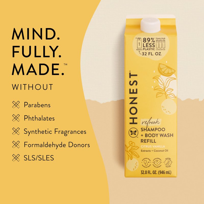 The Honest Company 2-in-1 Cleansing Shampoo Body Wash Refill Carton, Gentle for Baby, Naturally Derived, Tear-free, Hypoallergenic, Citrus Vanilla Refresh, 32 fl oz