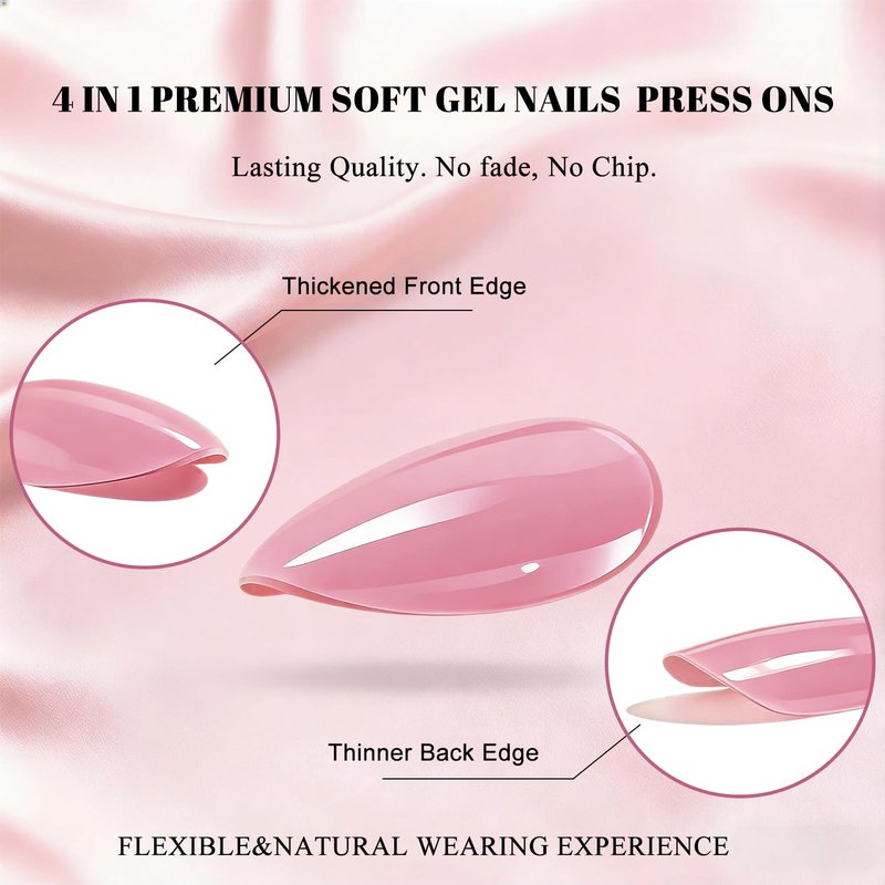 Baby Pink Press On Nails Short Almond, Bright Pink Fake Nails with Glue, Neutral Glossy Stiletto Stick Glue on Nails Kit for Women, Reusable UV Finish Acrylic False Nail Set, 30 Pcs