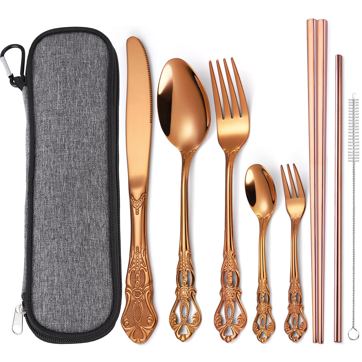AARAINBOW 7 Pieces Stainless Steel Flatware Set Portable Reusable Cutlery Set Travel Utensils Set Including Chopsticks Knife Fork Spoon Straws Cleaning Brush Dishwasher Safe (G-Blue)