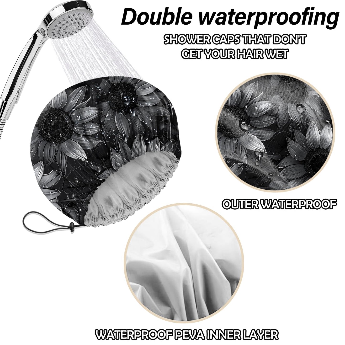 Cabreche 2 PCS Shower Cap Reusable Waterproof Double Layers Hair Caps Shower Bath Adjustable Elastic Hat for Women Girls Cute Aesthetic-Bat Sunflower