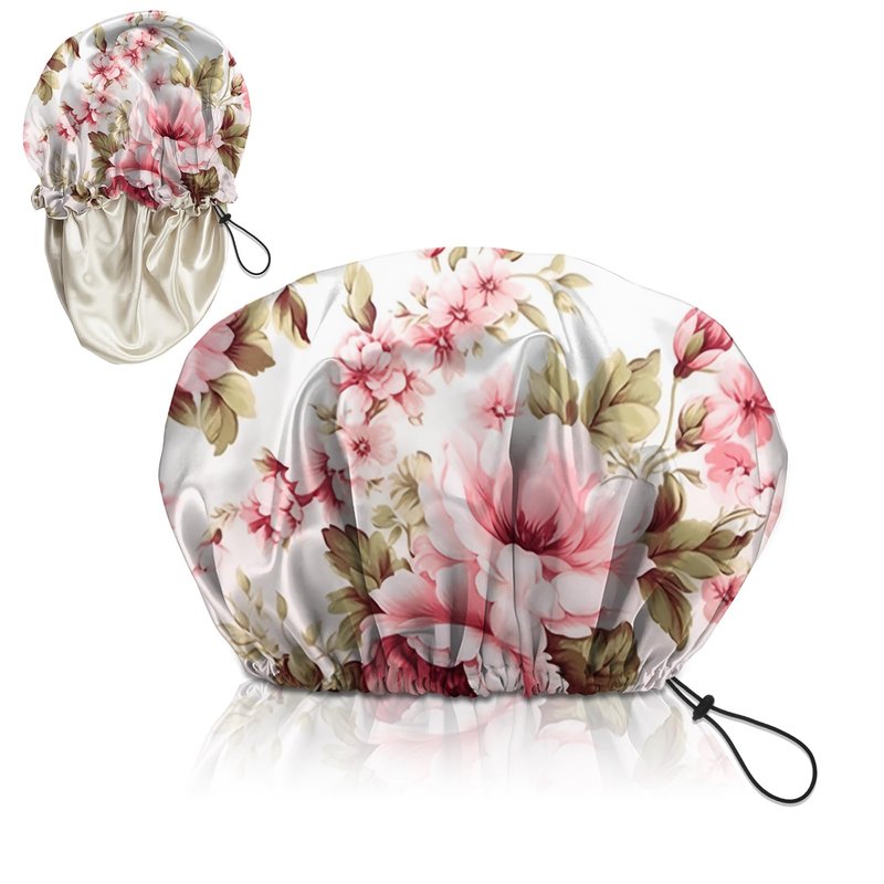Zewurtuw Luxury Shower Cap Adjustable Reusable Double Waterproof Layer Elastic Satin Lined Hair Bath Cap Cute Aesthetic Women Girls-Peony