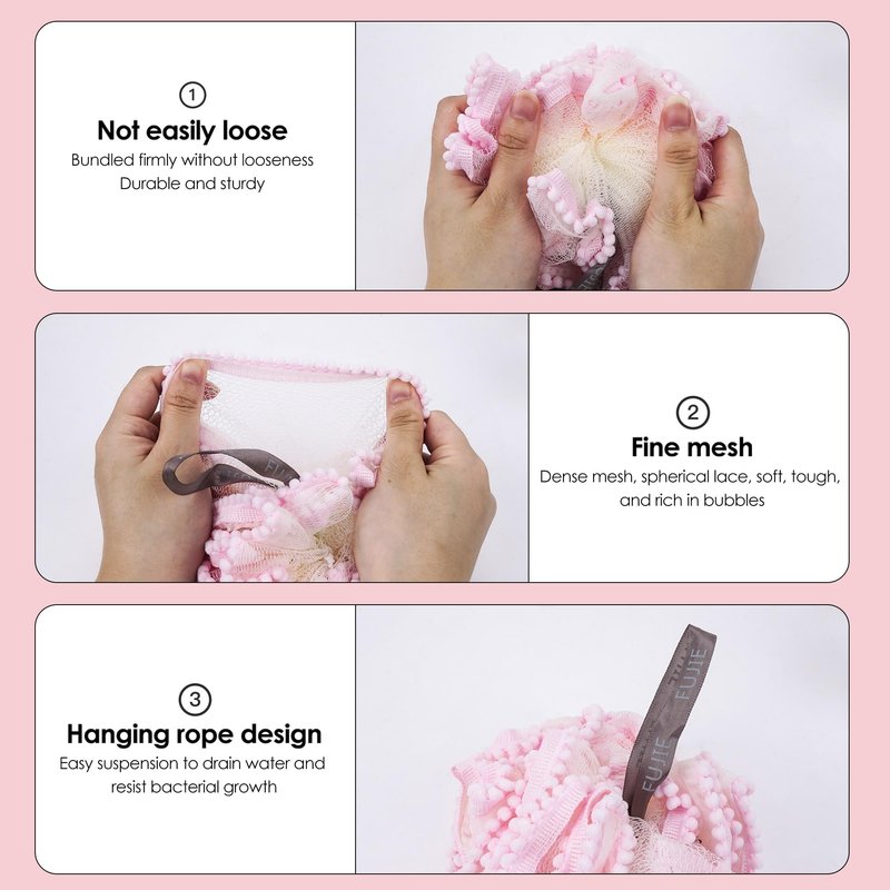 Biiange Pink Loofah, Shower Bath Spong, Soft Shower Loofahs Balls, Globose lace Shower Ball, for Body Wash Scrubber Cleaning Loofah Bathroom Accessories (2Pcs Pink)