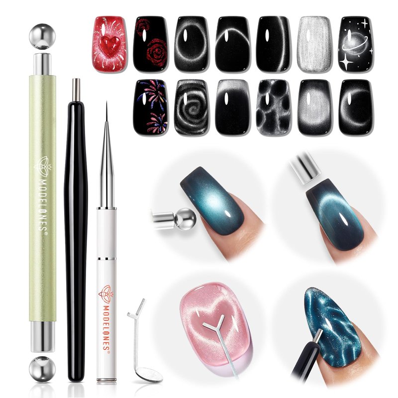 Modelones Cateye Gel Polish Nail Magnet Set, 6PCS Cat Eye Magnet Tool with Liner Nail Brush for Gel Swirl Nails Strong Magnetic Nail Art Wand, Glass Bead& French Tip for DIY Nail Lovers