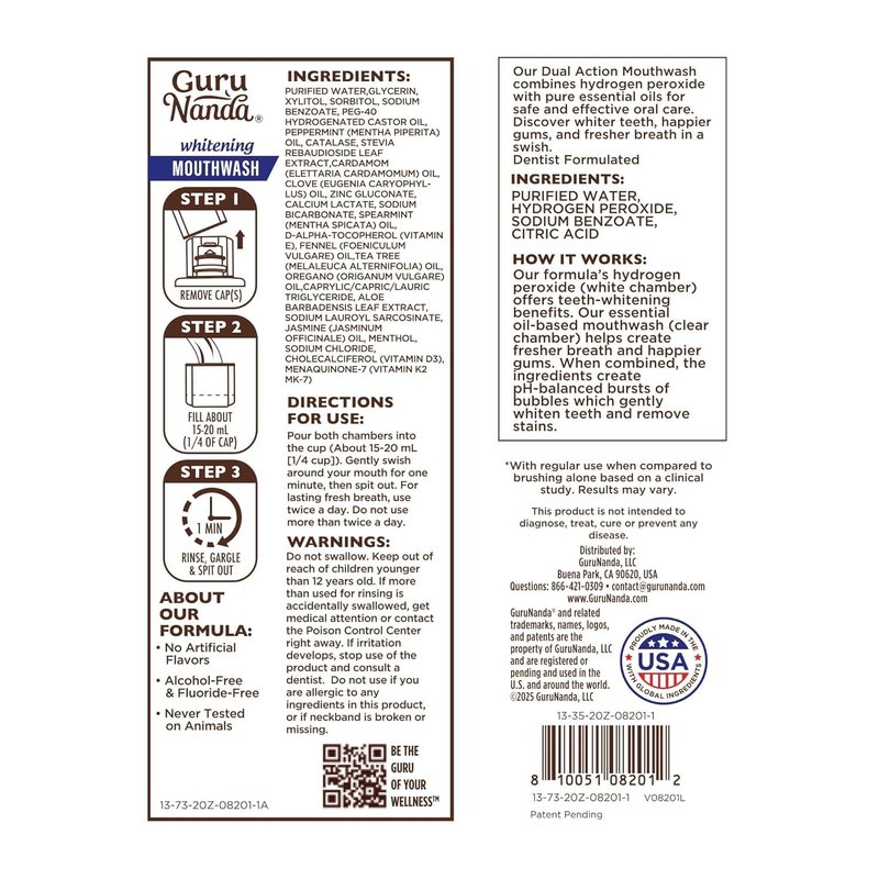 GuruNanda Teeth Whitening Mouthwash - Alcohol & Fluoride Free, Wild Mint Flavor | 20 Fl Oz