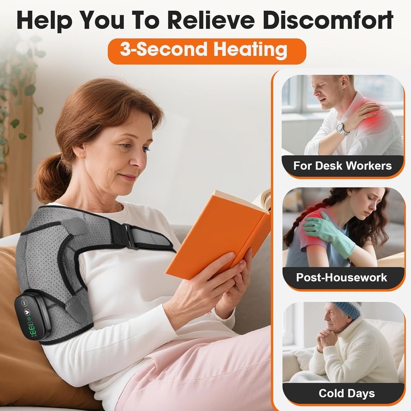 Cordless Shoulder Heating Pad, Shoulder Massager for Pain Relief Deep Tissue, Heated Shoulder Wrap with Heat and Massage for Men Women, Rotator Cuff Pain Heating Pad, Grey
