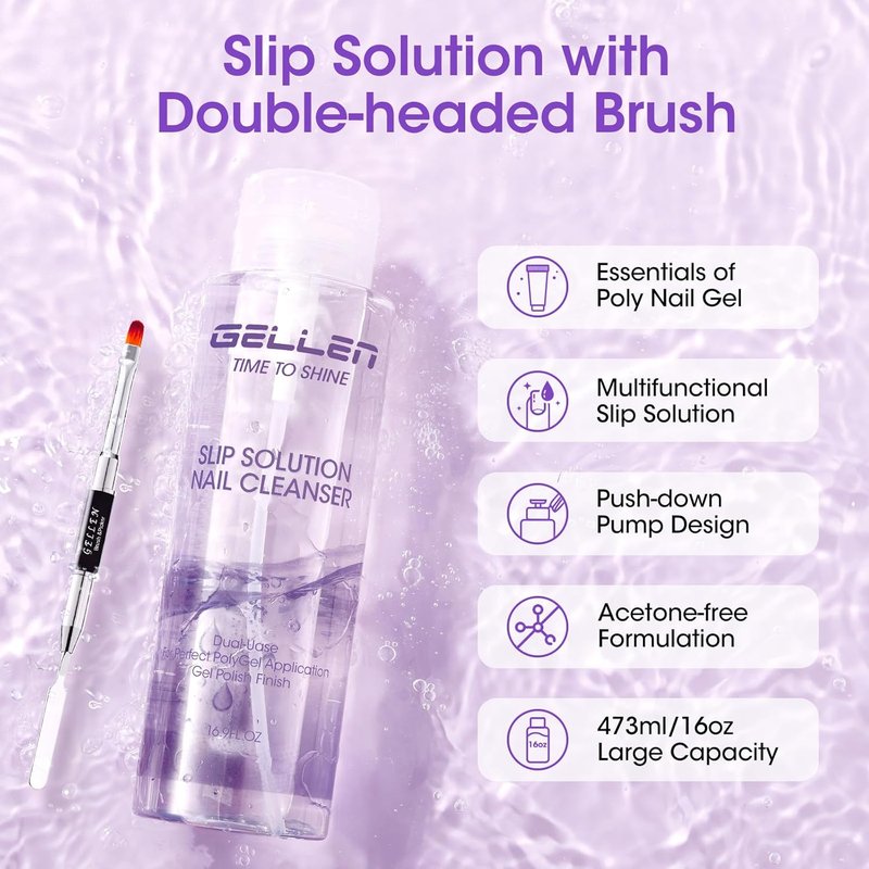 Gellen Slip Solution for Polygel Nails - 473ml Anti-Stick Liquid with Pump Bottle | Nail Brush Included