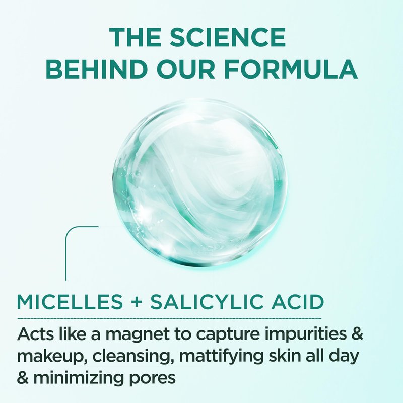Garnier Micellar Water with Salicylic Acid, All-in-1 Mattifying Facial Cleanser and Makeup Remover for Oily and Acne Prone Skin, 13.5 Fl Oz, Pack of 2