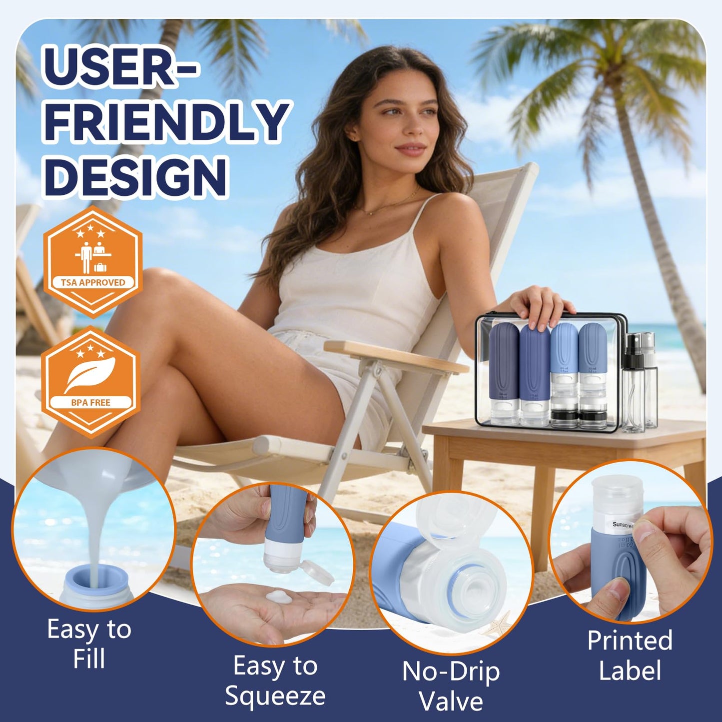 YIIMER Travel Bottles for Toiletries 10 Pack, TSA Approved Travel Size Toiletries Essentials Containers Set, Leak Proof Silicone Bottles Kit, Refillable Liquid & Creams Accessories (BLUE)