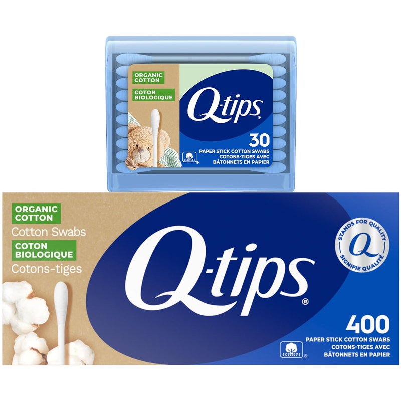 Q-tips Organic Cotton Swabs 400 Count + Travel-Size Travel-Size 30 Count – For First Aid, Beauty and Baby, 100% Cotton