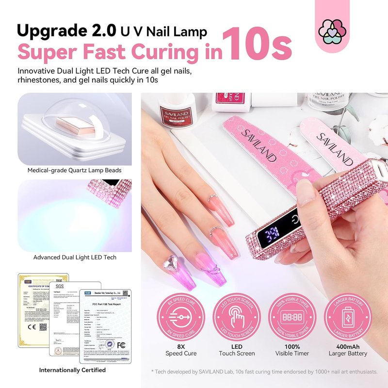 SAVILAND Glitter UV Nail Lamp - 12W Handheld Gel Light with LCD Screen | Fast 8X Cure for Home Salon Use