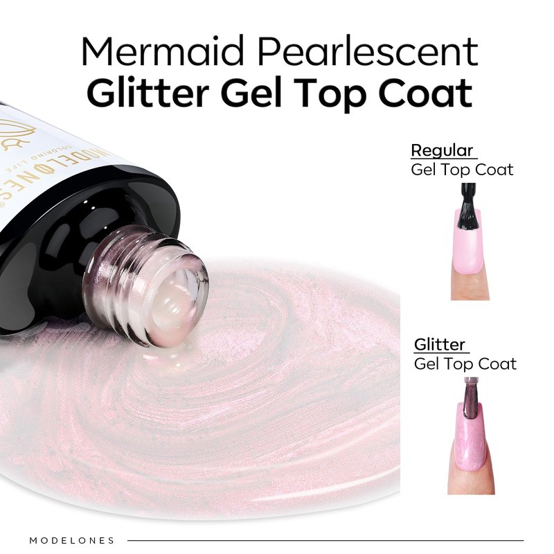 modelones Pearl Gel Nail Polish Top Coat, 2-in-one Clear Pearlescent Glitter Glossy Sparkle Finish Long Lasting Soak Off Mermaid Shimmer Manicure Nail Art Home Salon DIY