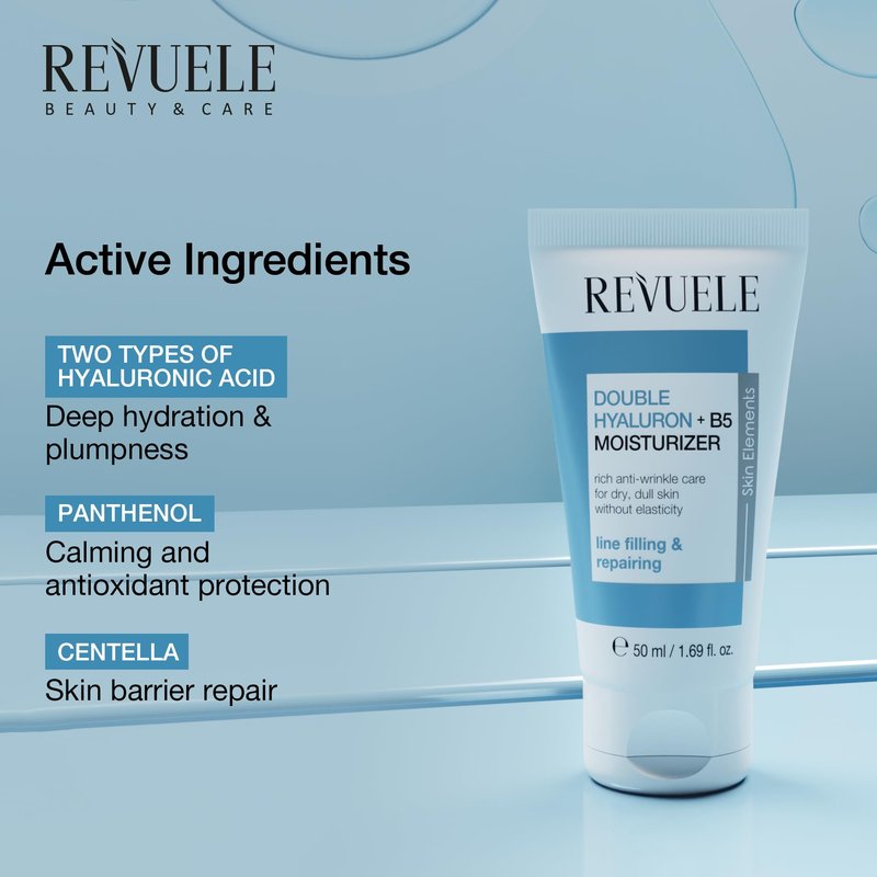Revuele Double Hyaluron + B5 Facial Moisturizer, Lightweight Hydrating Cream with Dual Hyaluronic Acid & Panthenol, For Soft and Smooth-Looking Skin 1.69 fl.oz