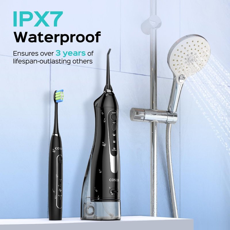 COSLUS C20 & C41 Portable Water Flosser with Electric Toothbrush Combo: 2-in-1 Oral Clean Kit for Teeth, Braces, Gums Care - Brushing & Flossing for Adults, Family, Travel Use, BPA-Free, Black