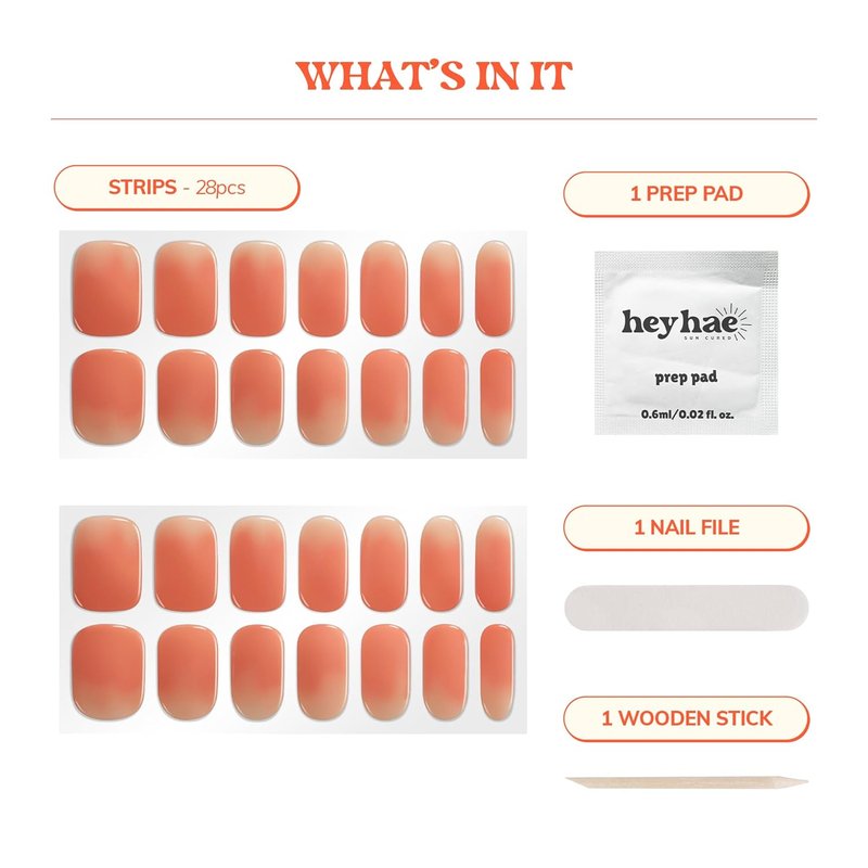 Heyhae Semi Cured Gel Nail Strips - Ombre Orange Spring Design | No LED Lamp Needed | Salon Quality | 28 Strips, Prep Pads & Nail File Included